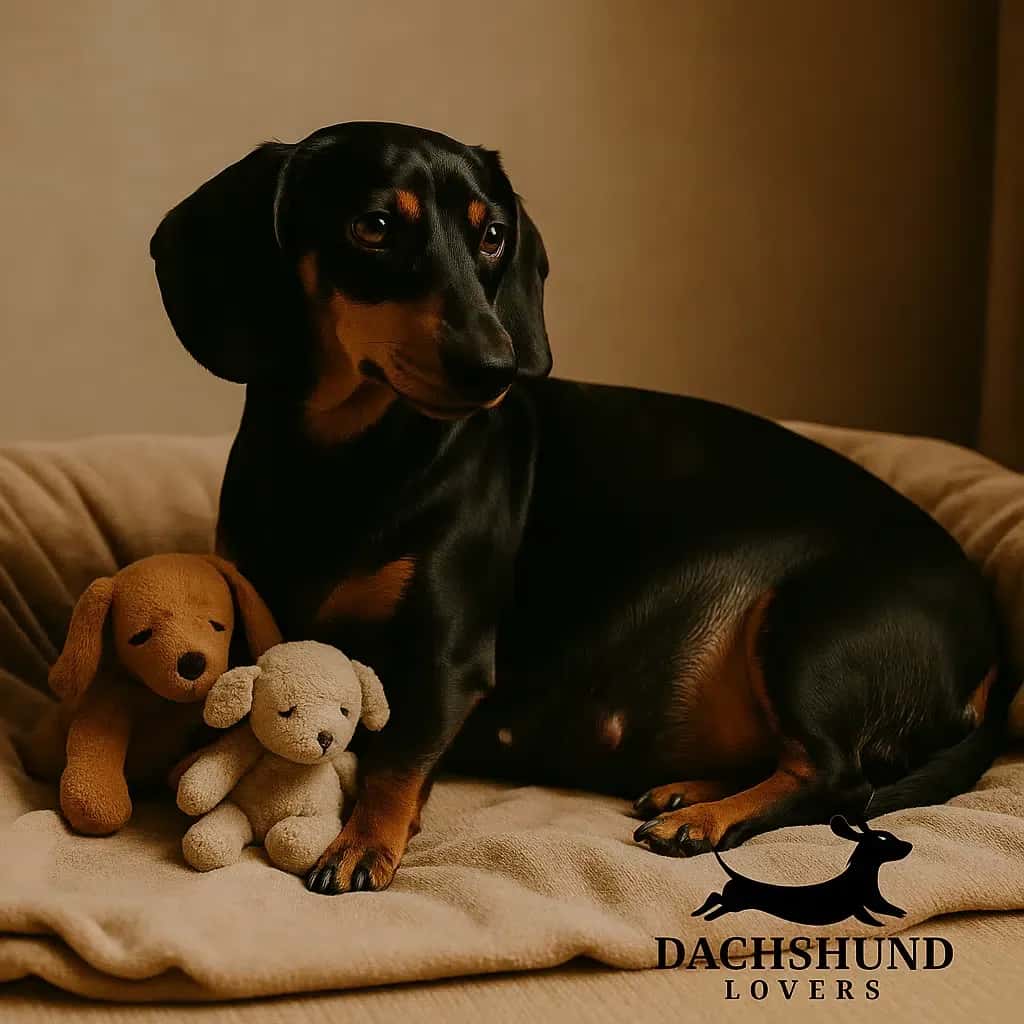A black and tan dachshund curled on a soft beige blanket, gently cuddling plush toys