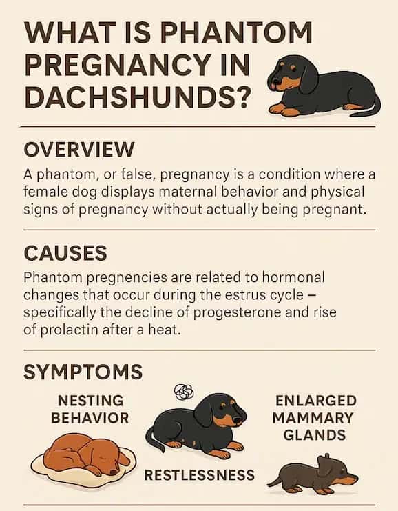 Infographic explaining phantom pregnancy in dachshunds, including causes