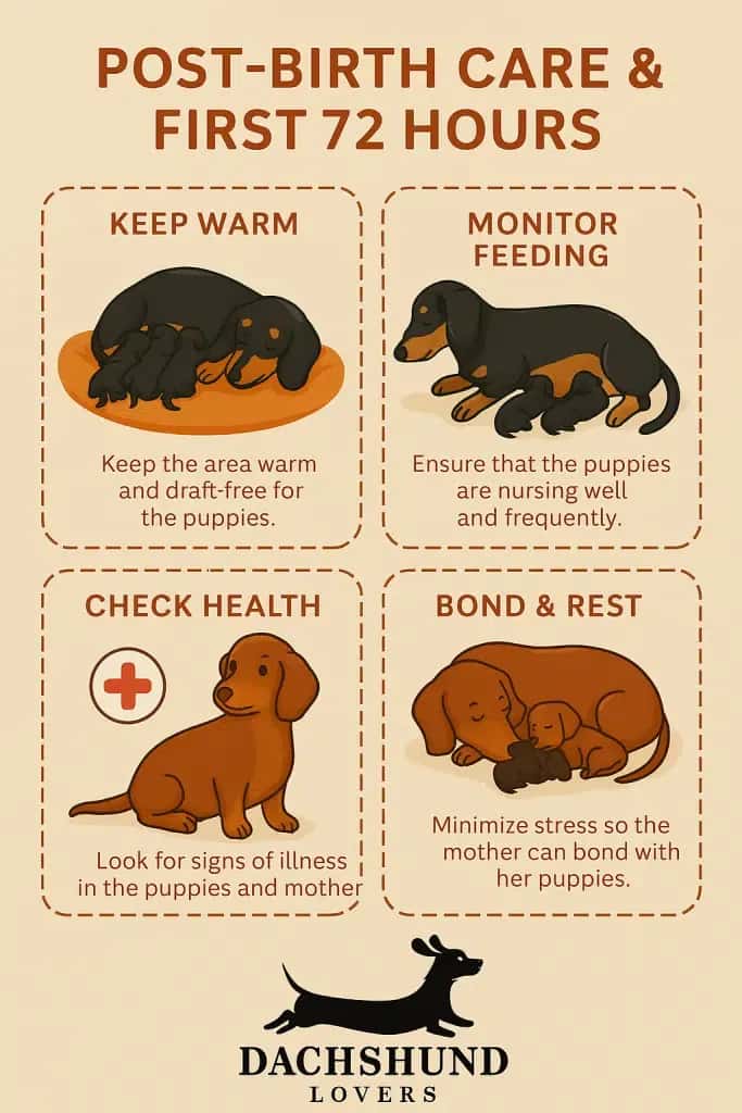 Infographic on post-birth care for dachshunds and puppies in the first 72 hours.