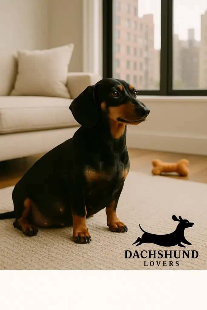 Pregnant black and tan dachshund sitting on a rug in a New York City apartment