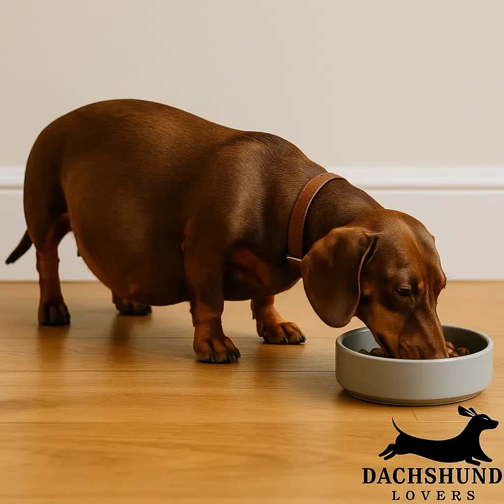 A visibly pregnant chocolate dachshund eating from a gray food bowl on a wooden floor