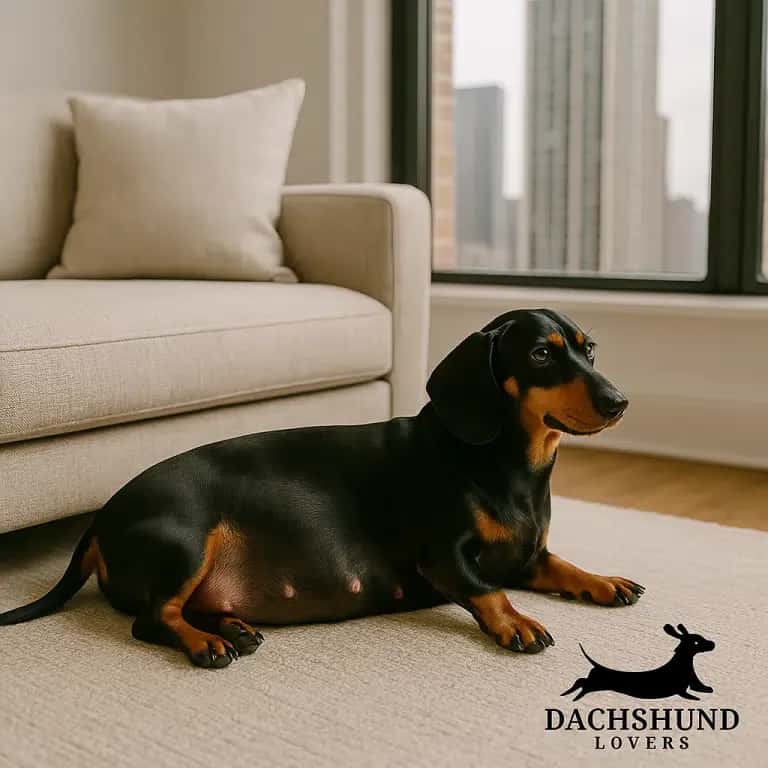 Pregnant black and tan dachshund resting on a beige lounge inside a modern Chicago apartment