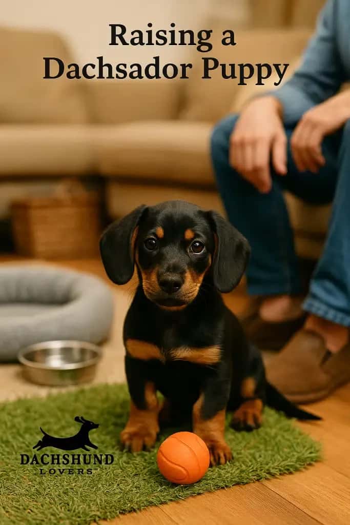 Young Dachshund-Labrador mix puppy sits on green mat with orange ball, looking curiously.