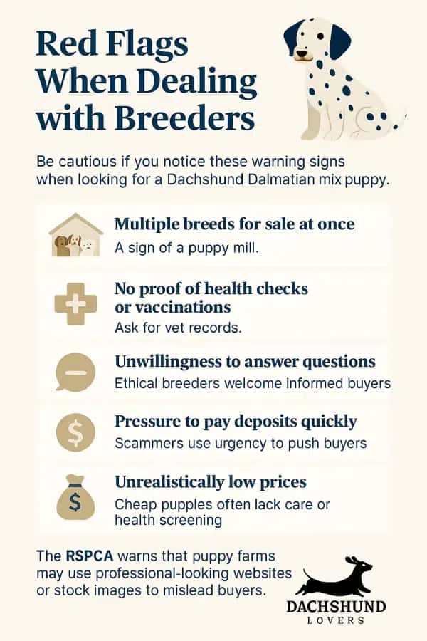 Infographic Breeder Red Flags: many breeds, no health checks, low price, pressure.