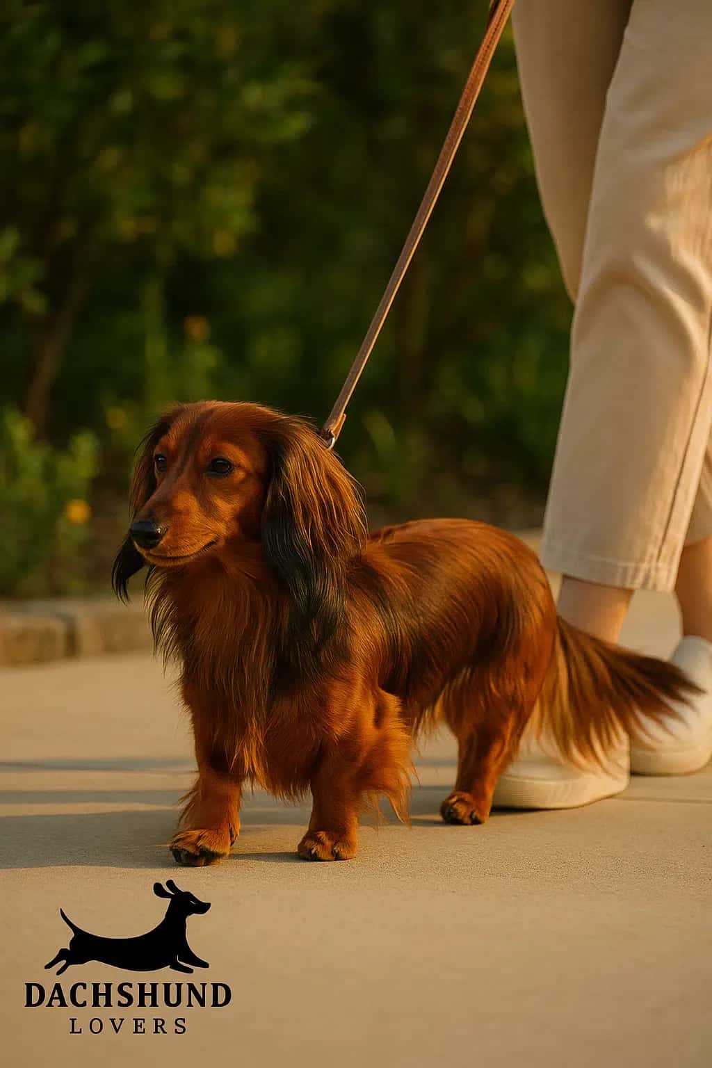 Long-haired red sable dachshund on a walk with its owner during golden hour.