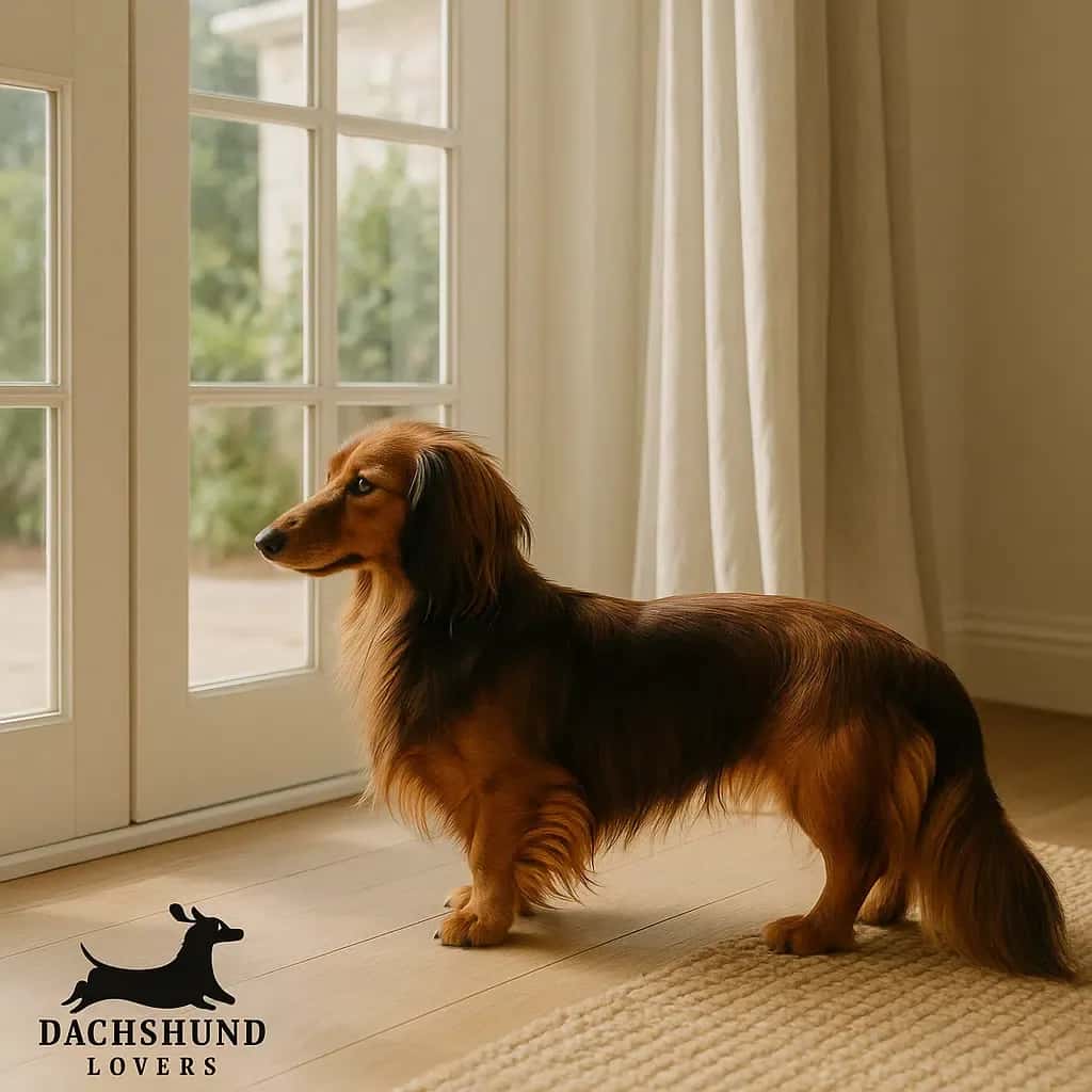 Sable long-haired dachshund standing near French doors in a Hamptons-style living room.