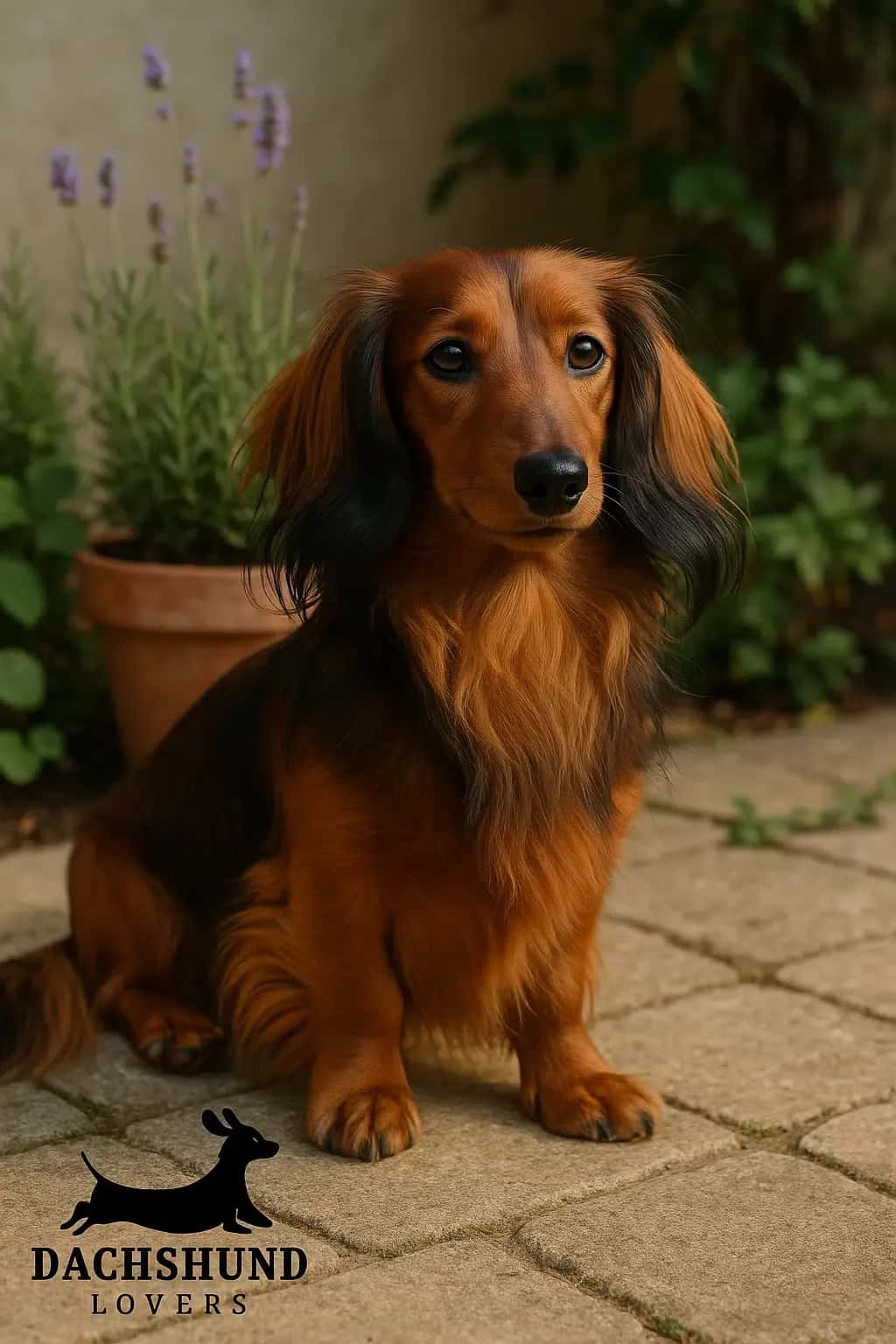 Sable long-haired dachshund sitting on a stone patio surrounded by lavender and greenery