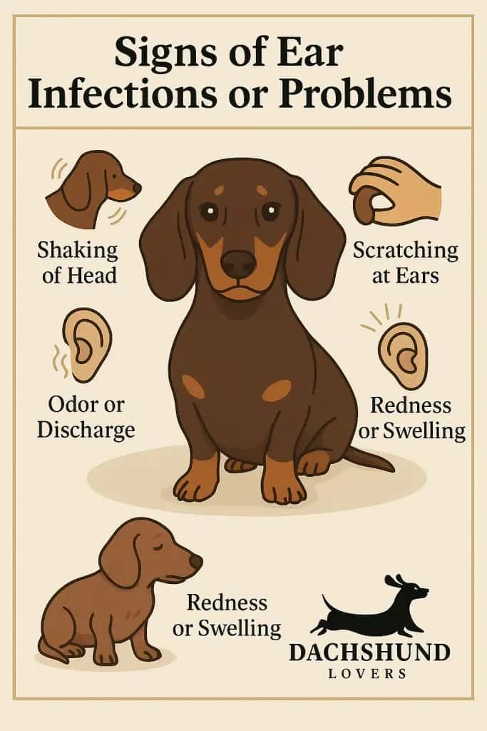 Infographic signs of ear infections or problems in dachshunds, including shaking of head