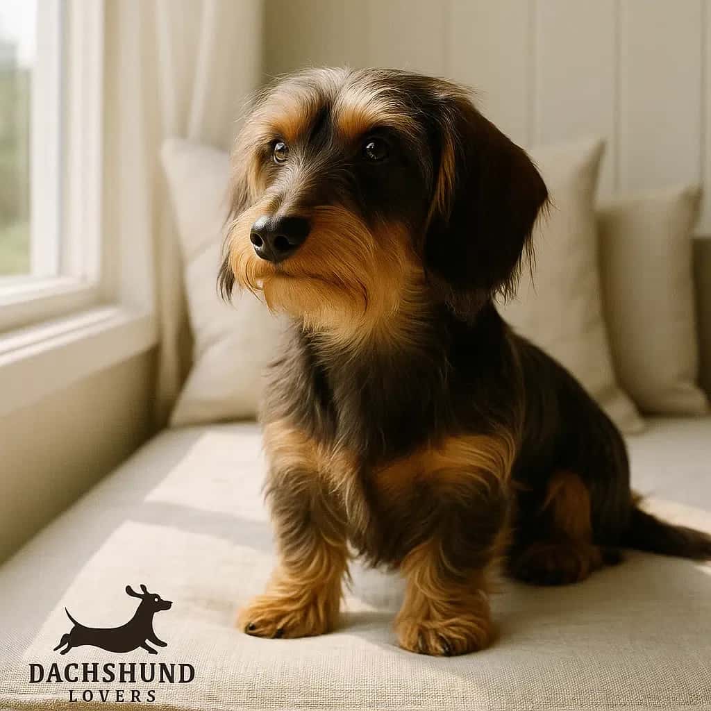 Silky Wirehaired Dachshund Sitting on Linen Bench – Dachshund Lovers