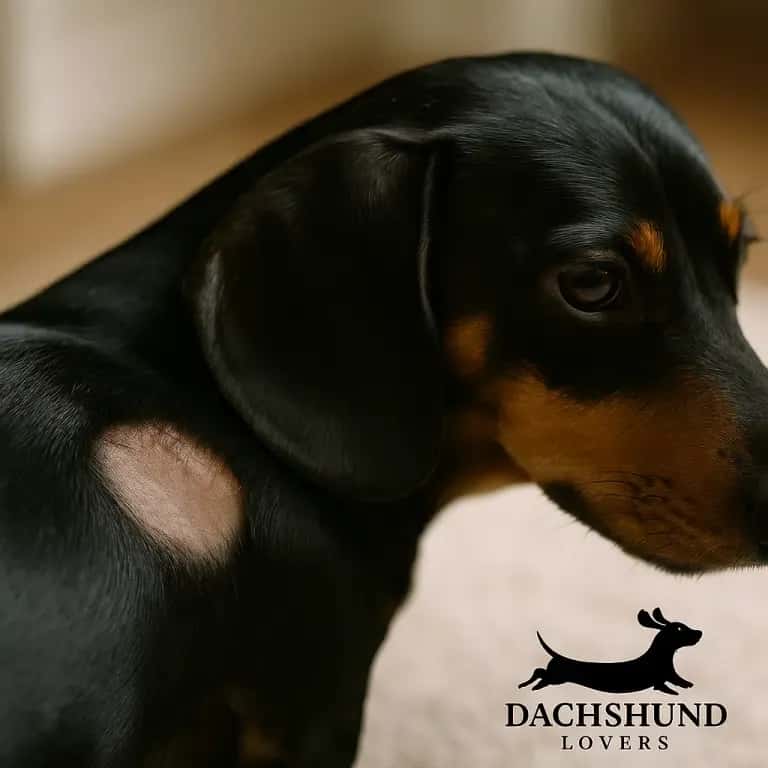 Close-up of a smooth-haired dachshund with a visible bald patch on its coat