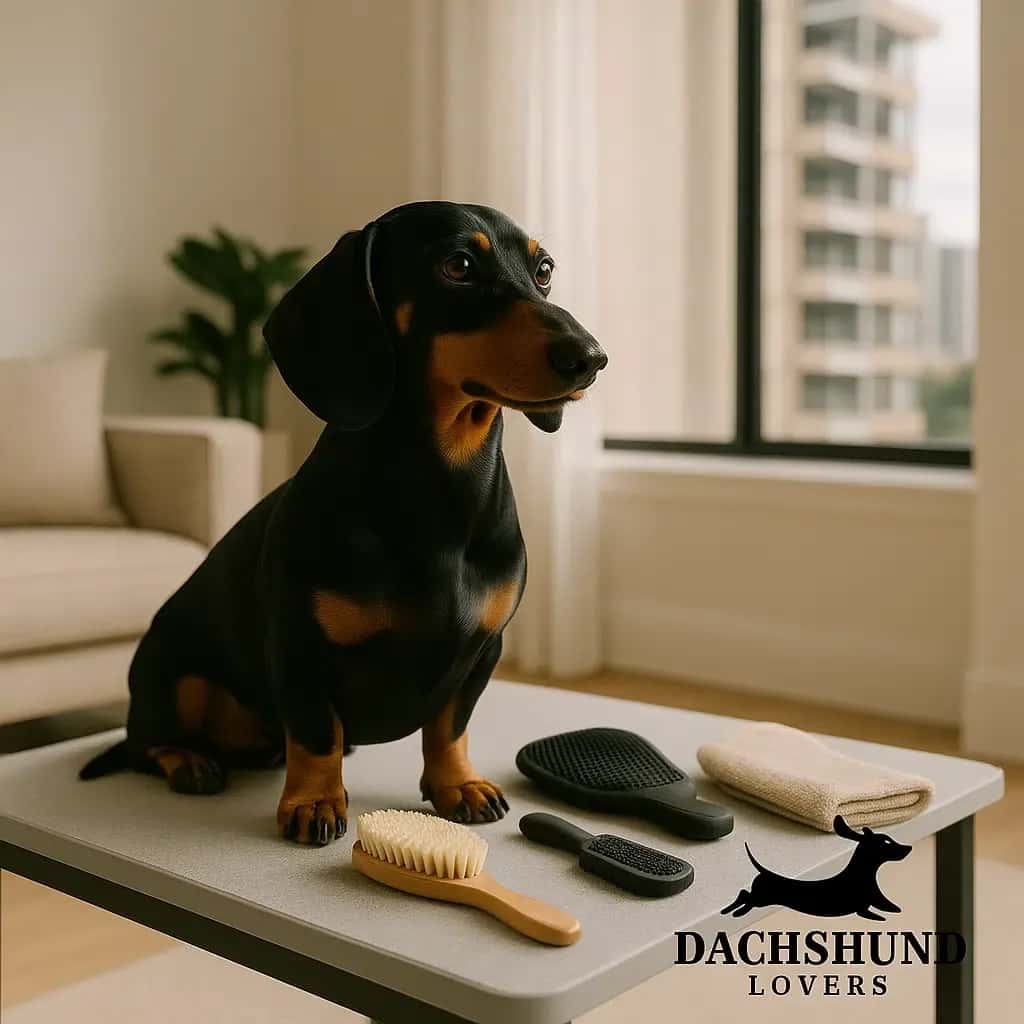 Smooth-haired black and tan dachshund sitting on a modern grooming table in a bright