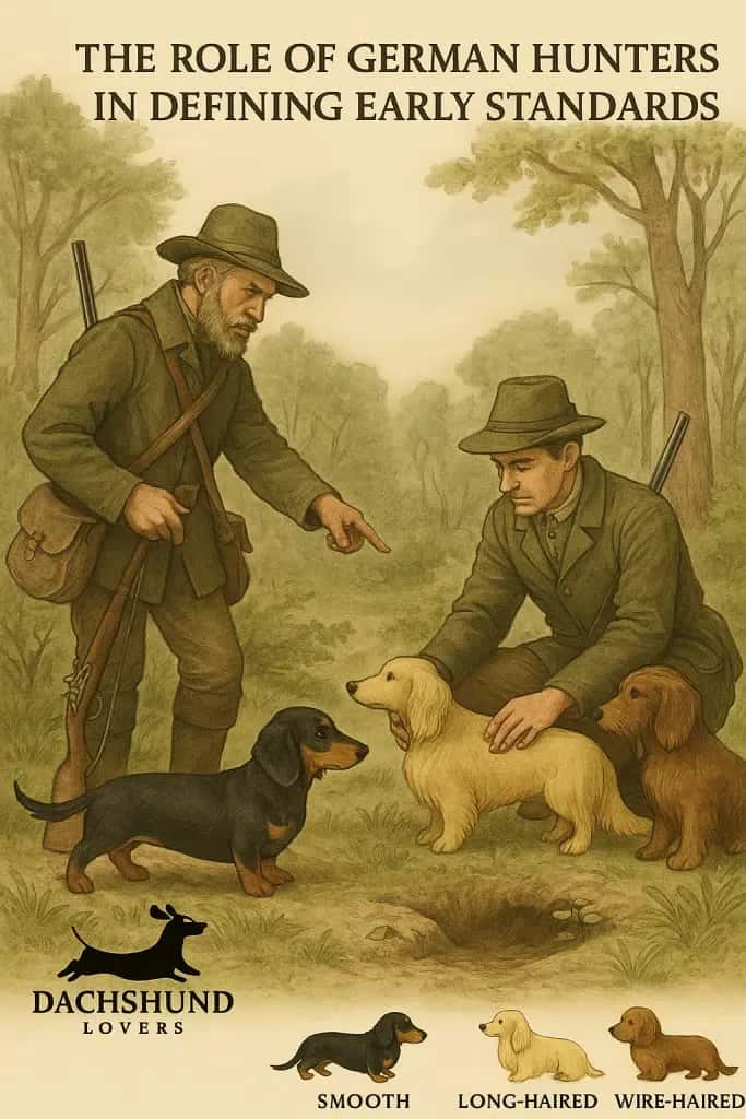 Two hunters in old-fashioned attire observe three dachshunds—black, golden, and brown