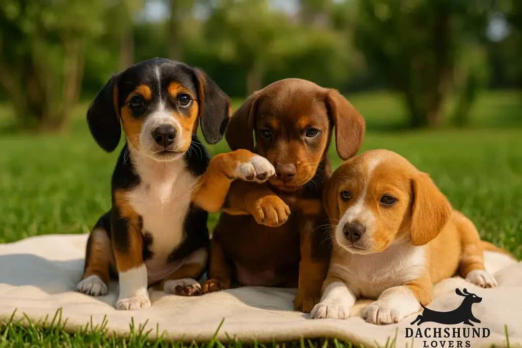 Three adorable dachshund puppies sit on a blanket in a park. They appear cuddly and curious
