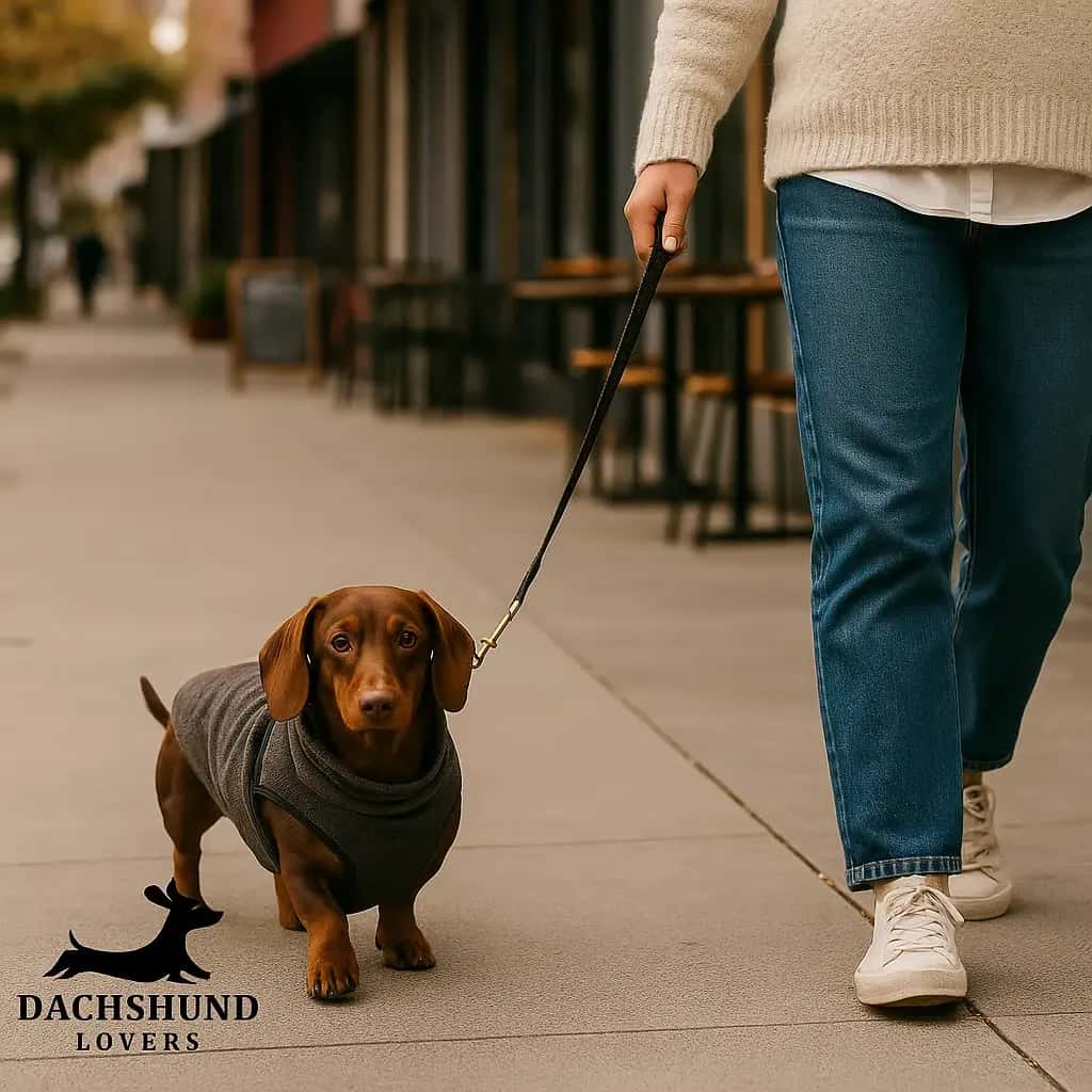 Tweenie chocolate dachshund wearing a jumper walking beside its owner on a sidewalk in St Kilda, Melbourne
