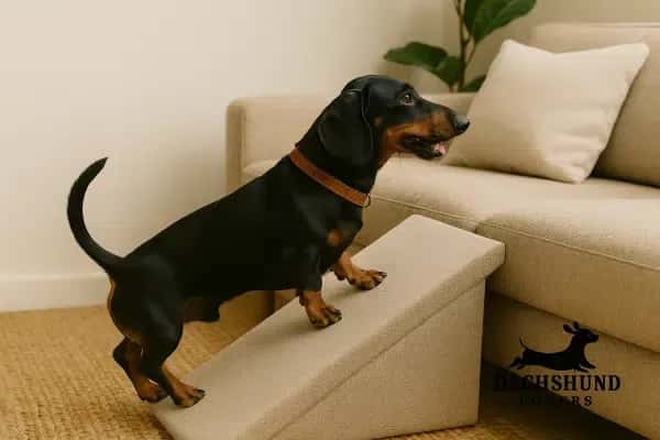 A black and tan tweenie dachshund climbing a fabric dog ramp toward a beige lounge