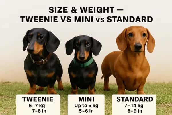 A comparison the size and weight differences between Tweenie, Miniature, and Standard Dachshunds