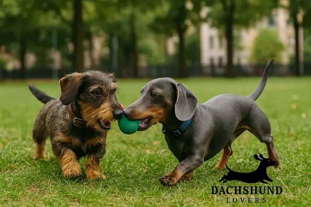 A wild boar wire-haired dachshund and a blue smooth-coated dachshund playing