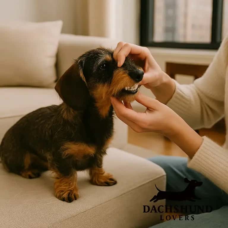 Owner checking the teeth of a wire-haired dachshund while relaxing on the lounge