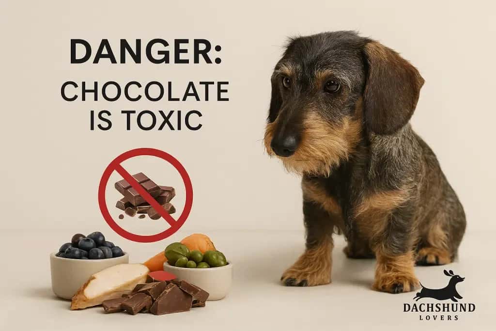 Wirehaired dachshund standing next to chocolate pieces with a red no symbol, warning text