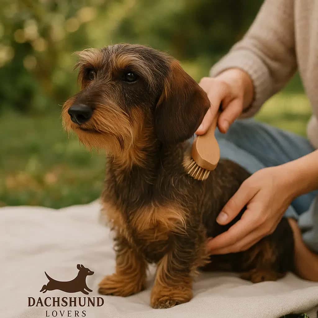 Person grooming a wirehaired dachshund with a wooden brush outdoors on a blanket.