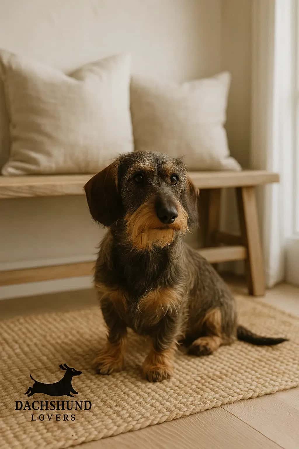A wirehaired dachshund sitting on a textured rug with neutral cushions and a wooden bench