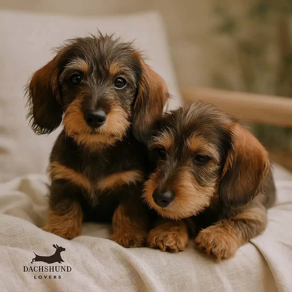 Two adorable wirehaired dachshund puppies lying together on a soft linen fabric.