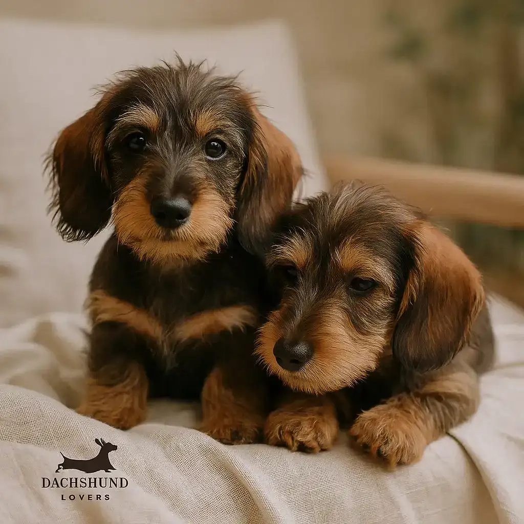 Two adorable wirehaired dachshund puppies lying together on a soft linen fabric.