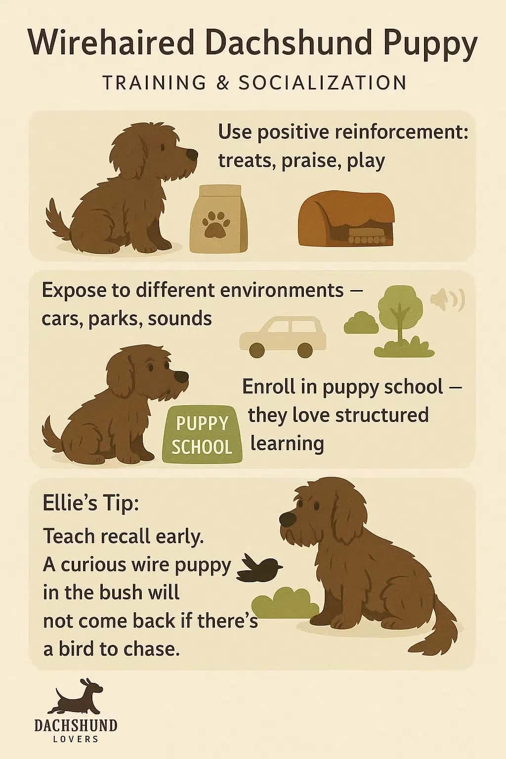 Infographic with wirehaired dachshund puppy training tips: rewards, socialization, and recall