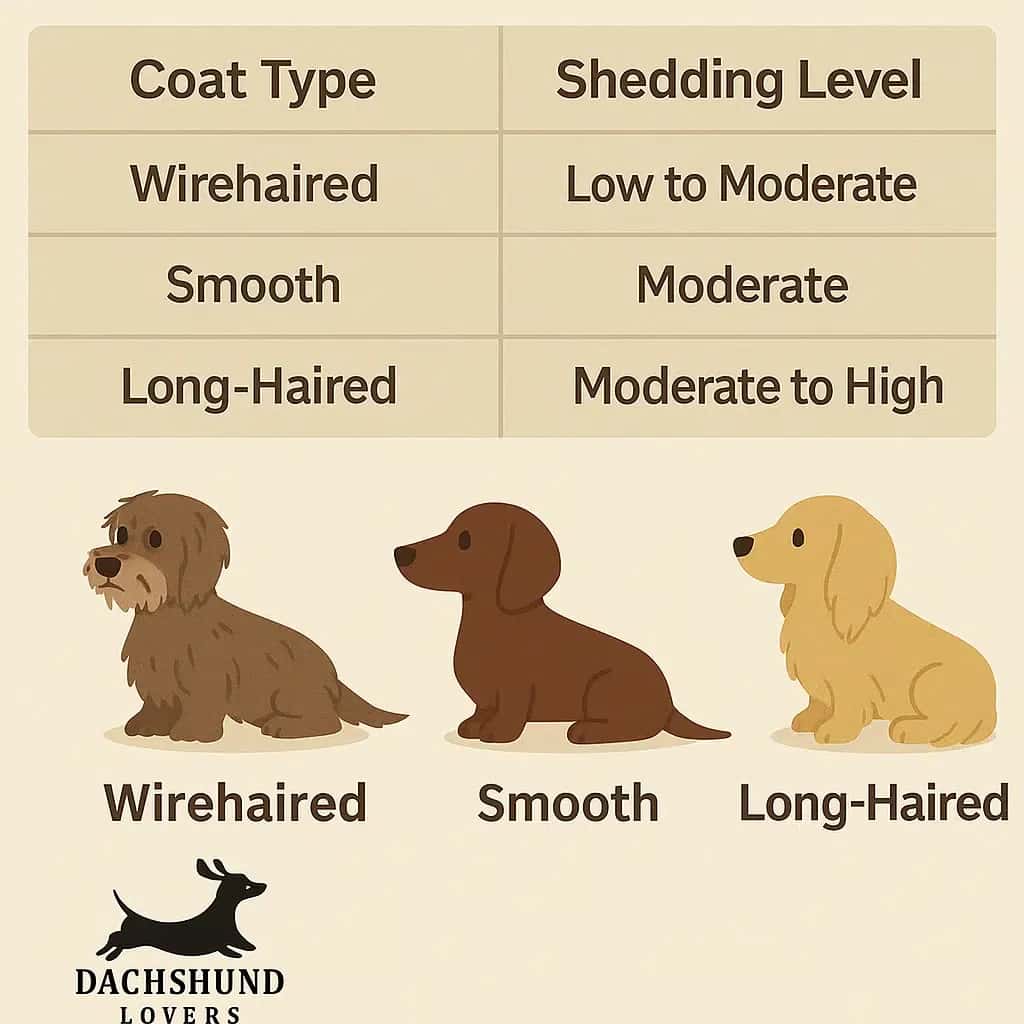 Infographic comparing dachshund coat types (wirehaired, smooth, long-haired) with their shedding levels.