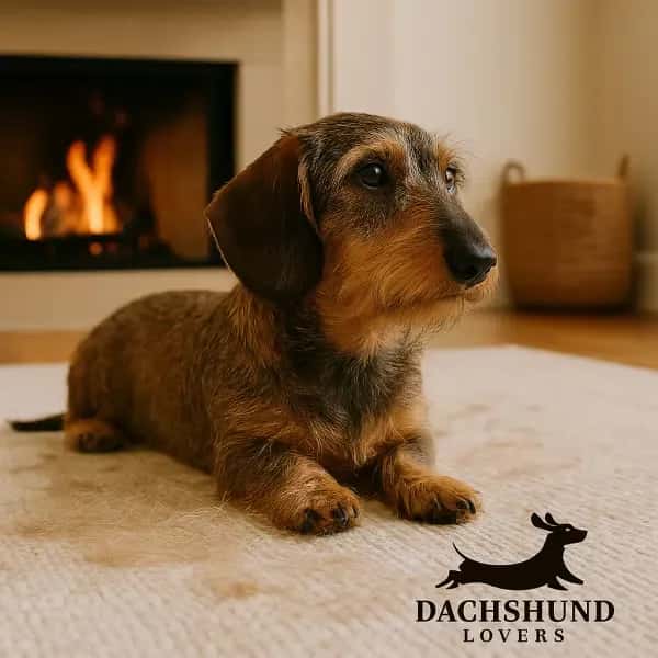 Wirehaired dachshund sitting in front of a cozy fireplace in a Hamptons-style lounge room