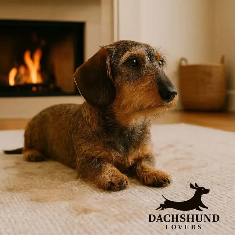 Wirehaired dachshund sitting in front of a cozy fireplace in a Hamptons-style lounge room